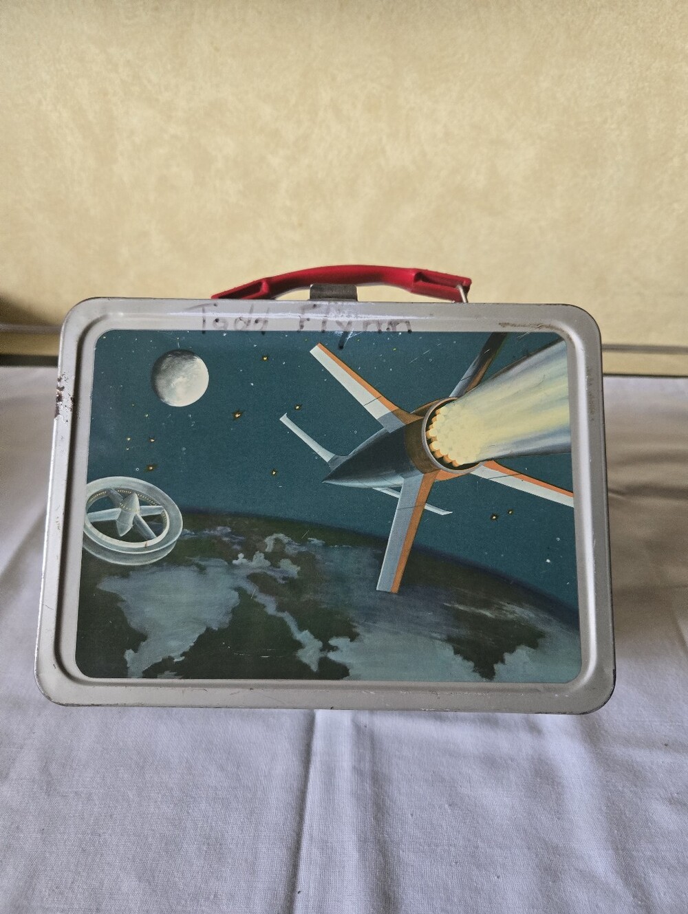 Vtg 1958 Thermos Satellite Metal Lunch Box - Space Age Sci-Fi Collectible